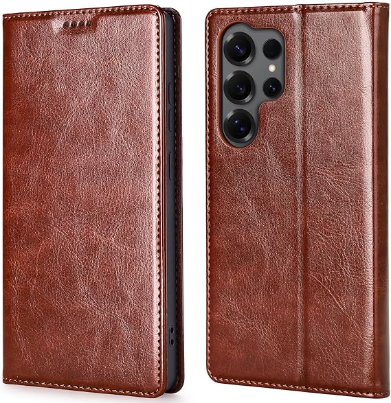 Samsung Galaxy S24 Ultraウォレットケース、本革フリップフォリオカバー、RFIDブロッキングカードホルダー&キックスタンド付き、耐衝撃TPUインナーシェルSamsung Galaxy S24 Ultra用、ブラウン
