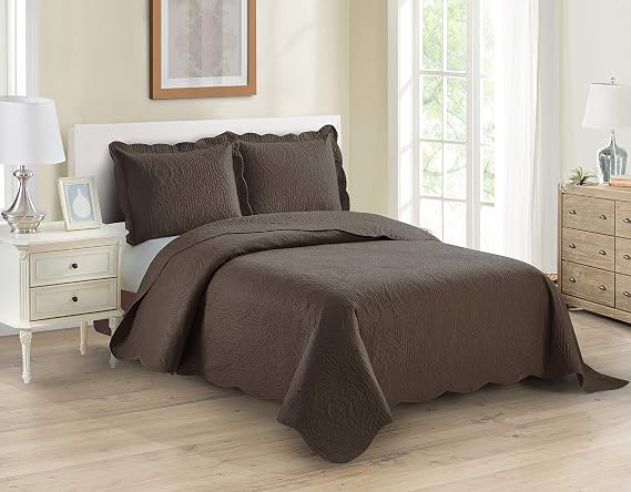 Home Collection 3pc King/Cal King Over Size Luxury Embossed Bedspread Set Light Weight Solid Dark Brown New