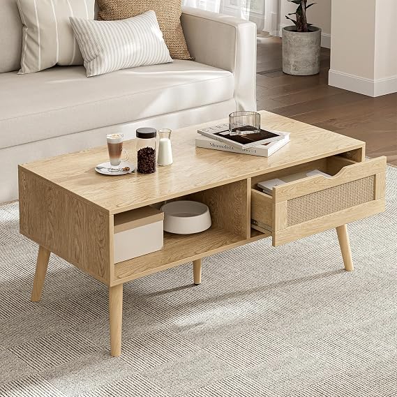 ZttRiee Rattan Coffee Table with Drawer, Boho, Natural
