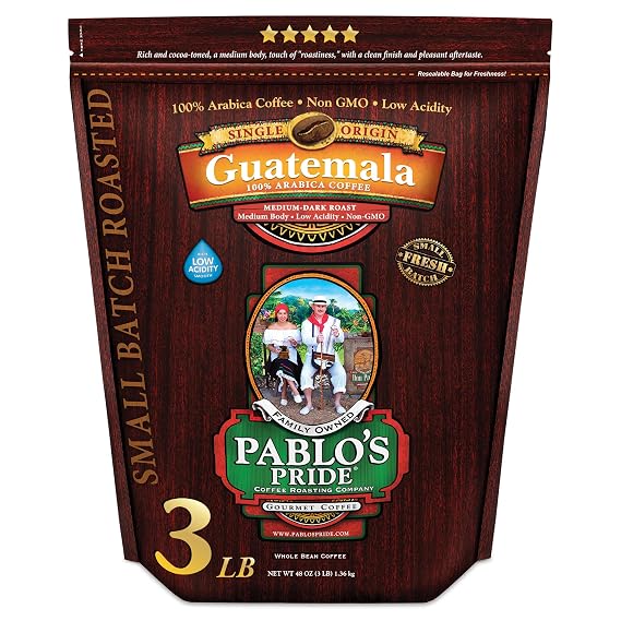 3LB Pablo's Pride Guatemala - Medium-Dark Roast - Whole Bean Coffee - Low Acidity - 3 Pound (3 lb) Bag