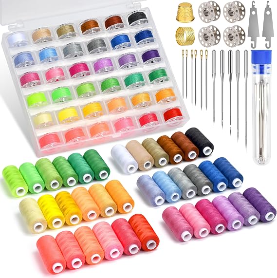 140 Pcs Sewing Thread Kit, 36 Assorted Colors Machine Threads with Spools, 400 Yards Prewound Bobbins Set with 10 Machine Needles (70/9, 75/11, 90/14, 100/16 110/18) for Universal Sewing Machines Use