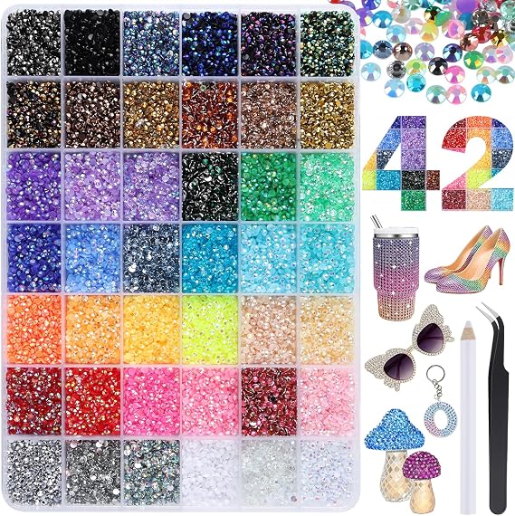 33000pcs Bedazzling Kit with 42 Colors 3mm Flat Nail Art Rhinestones | Bedazzling Crystal with Pick Up Tweezers and Pen for DIY Nail Art, Crafts, Clothes and Shoes Decoration