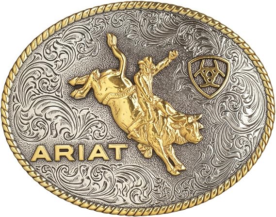 ARIAT Oval Buckle, Bull Rider Motif, Rope Edge, Silver and Gold, 4 x 3