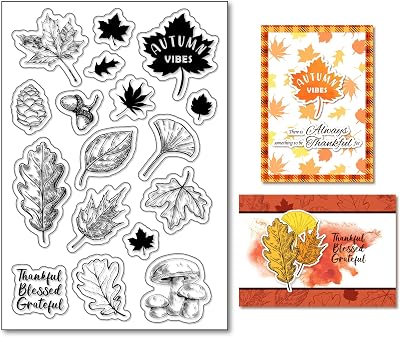 Arbuya Autumn Leaves Silicone Clear Stamps for Card Making Maple Leaves Oak LeavesTransparent Silicone Stamp Mushroom Rubber Stamp for Scrapbook Journal Card Making