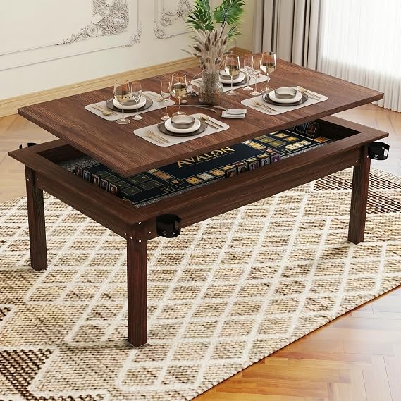Henf 63" x 40" Board Game Table with Removable Tabletop for 46, 2 in 1 Gaming/Dining Table with Non-Slip Play Mat, 4 Cup Holders, Solid Wood Legs (Rustic Brown)
