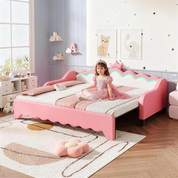 Su & Chan Legence 3ft Single Daybed, Pink Trundle Bed with LED, Girls Upholstered Single Sofa Bed wirh Crown Shape Headboard, PU Leather, No Mattress, 90 x 190cm, Cream White + Pink