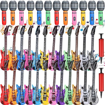 24 Pcs Colorful Inflatable Instruments Rock Star Toy Set Including 12 Pcs Plastic Microphones, 12 Inflatable Guitars and 1 Inflator for Musical Concert Themed Party Decoration