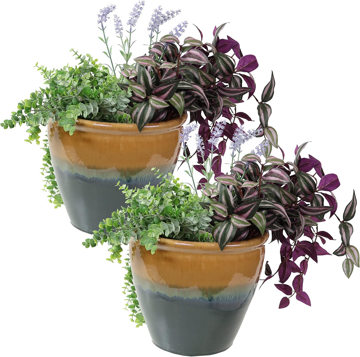 Sunnydaze Round Ceramic Planter - Set of 2 Indoor or Outdoor Plant Pots with Drainage Hole - Chalet - 12 - Forest Lake Green Glaze