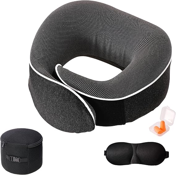 Travel Pillow,Travel Neck Pillows for Airplanes,Memory Foam 360 Degree Support Pillows  with Eye Masks,Earplugs,Ideal Accessory for Sleeping Traveling,Offices and Cars (Black)