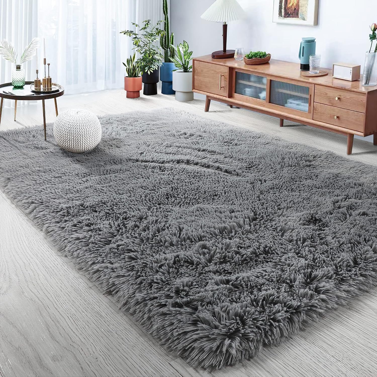 RUGVANE Grey Fluffy Area Rug for Bedroom,3'x5',Super Soft Rug for Living Room Decor,Fuzzy Rug for Dorm Room,Shaggy Rug for Nursery Room,Plush Rug for Kids Room,Rectangle,Gray Furry Carpet,Beiside Rug