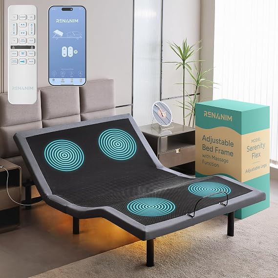 Smart Adjustable Bed Base with Electric Dual Massage - USB, Zero Gravity, App Control, UnderBed Light, Head and Foot Incline, Reclining Base Queen
