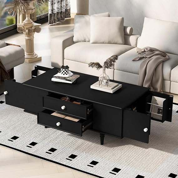 Modern Rectangle Coffee Table with 4 Drawers, Modern Wood Center Table with Two Side Hidden Storage Compartments and Metal Handles for Living Room (Black-70)