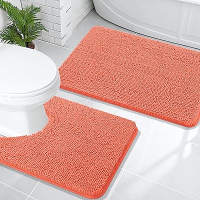 OLANLY Bathroom Rugs Sets 2 Piece, Soft Absorbent Chenille Bath Mats and U-Shaped Contour Toilet Mat Area Rug Set, Machine Washable Bath Carpet, Home Decor Accessories30x2024x20, Coral