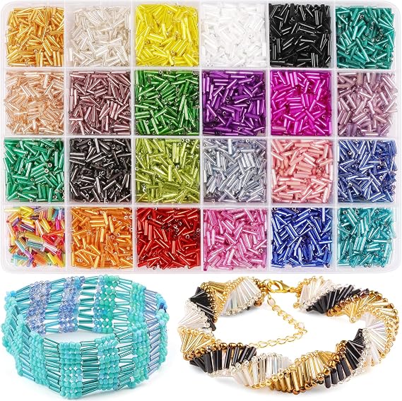 Bugle Beads, Multicolored Glass Tube Small Long Beads for DIY Bracelet Necklaces Crafting Jewelry Making Supplies for Adult Crafters, 7x2 mm, 7200pcs