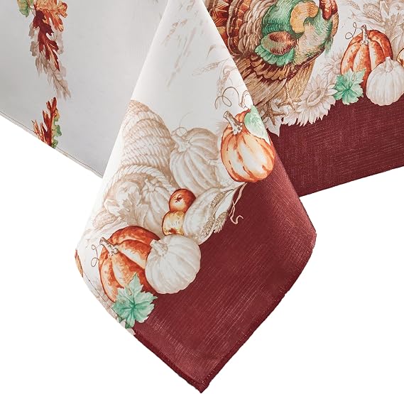 Holiday Turkey Bordered Fall Tablecloth, Multicolor - 60" W x 102" L