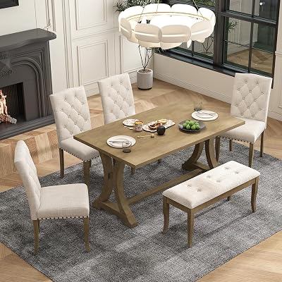 Flieks Kitchen Dining Table Set for 6, 6-Piece Farmhouse Dining Table Set, Rectangular Trestle Table and 4 Upholstered Chairs & Bench for Dining Room Natural Wood Wash
