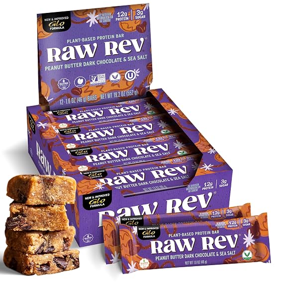 Raw Rev Glo Protein Bar, Peanut Butter Dark Chocolate & Sea Salt, 12 Bars | Vegan & Dairy-Free Protein Bar | Gluten-Free | Plant-Based | No Sugar Alcohols | Kosher | Keto-Friendly