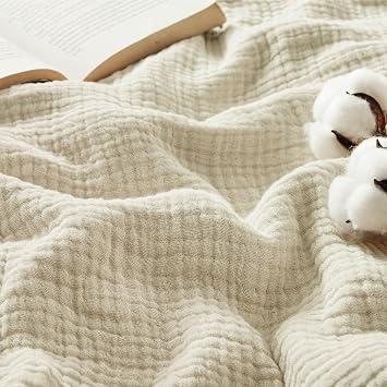 Bedsure 100% Cotton Muslin Blanket Twin XL for Bed - 4-Layer Breathable and Lightweight Soft Gauze Muslin Blankets for Adults, PureWoven Thin Summer Blanket for College Dorm, Linen Beige, 66x90 Inches