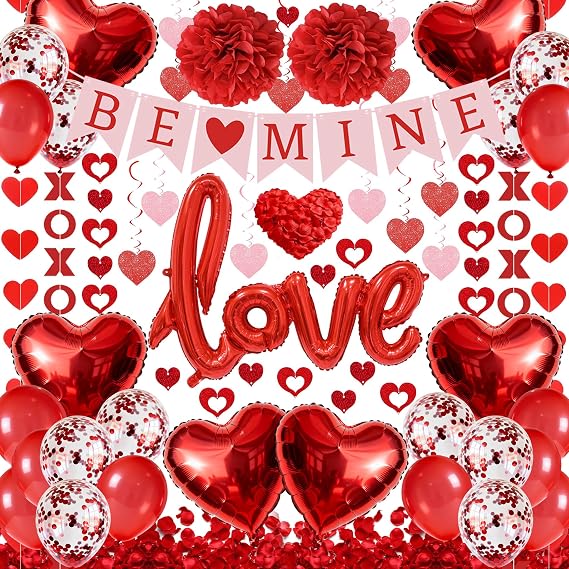 67Pcs Red Valentine's Day Decoration Set, BE MINE Banner, Foil Love Balloons, Love Heart XO Garlands, 500Pcs Rose Petals, Hanging Swirls, Pre-Assembled Set for Party Home Wedding Classroom Office
