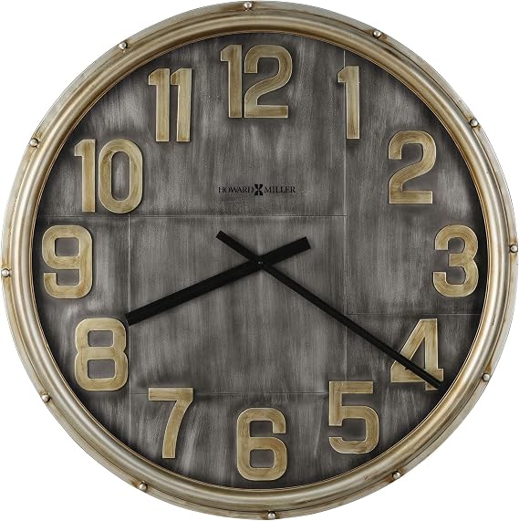 Howard Miller Brender Oversized Wall Clock, Aged Finish Round Analog Display Battery Operated Round Design, Quartz Movement Metal Frame Golden Numerals Best for Home Decor, Office & Kitchen