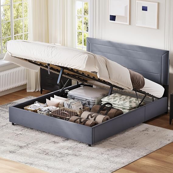 4ft6 Double Bed Frame, Upholstered Double Bed 135 x 190cm, Ottoman Hydraulic Storage Bed with Large Storage Space, Velvet, Grey, No Mattress