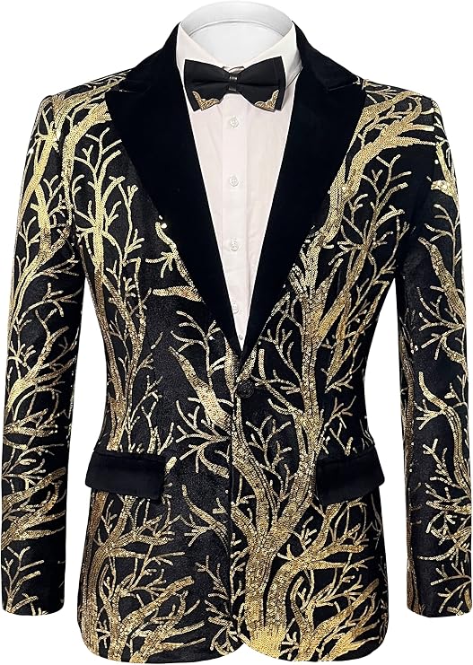 Mens Sequins Blazer Floral Suit Jacket Lapel Tuxedo for Party Wedding Banquet Prom