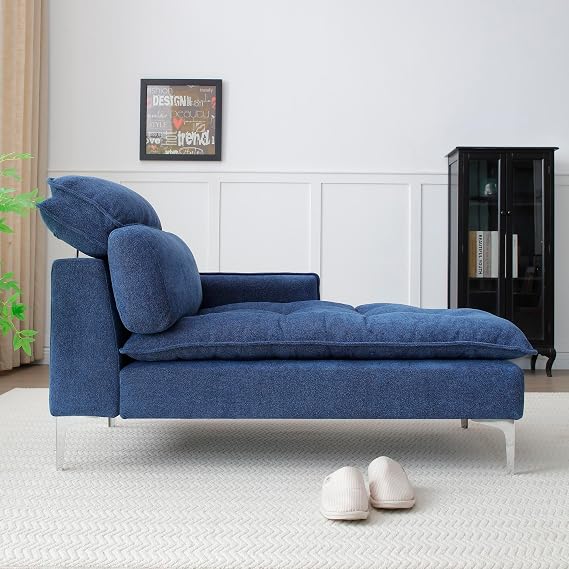 55" Chaise Lounge Indoor,Modern Upholstered Chaise,Left Armrest Chaise,1 Lumbar Pillow,Mini Chaise Longue Sofa,for Living Room,Bedroom,Office,Blue