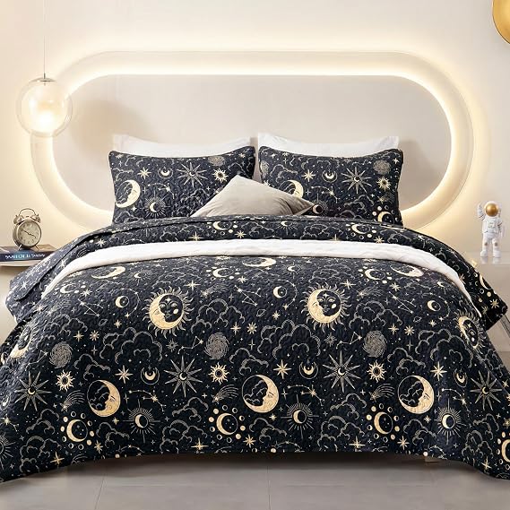 EXQ Home Quilt Set Full Queen Size Black Print Black Sun Starry Pattern | Bedding Set For All Season Use, Soft & Breathable Coverlet,3-Piece Set Includes 2 Shams, Machine Washable