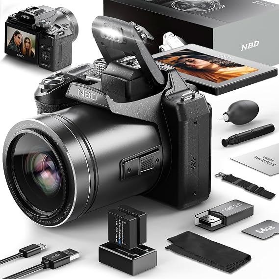 Camera QCY 64MP Digitalkamera Fotokamera und Video 5K Vlog Kamera mit 3'' Flip Screen 16X Digitalzoom WiFi& Autofokus Kameragurt&Stativ 2 Akkus 32GB TF Karte