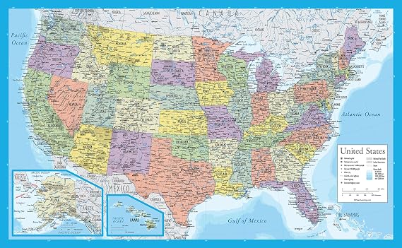 Laminated United States Map Poster - US Map Wall Chart - Made in the USA - [Light Blue]