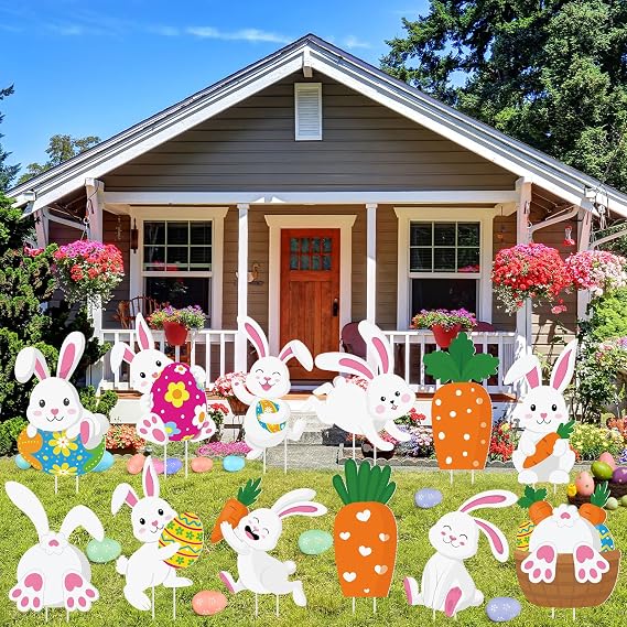 Menkxi 12 Pcs Easter Yard Signs Outdoor Yard Stakes Decorations Easter Eggs Bunny Rabbit Carrot Plastic Stakes Outdoor Party Decorations for Yard Patio Lawn Decor