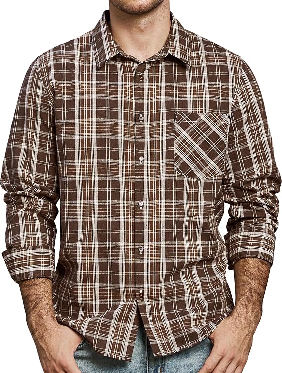 JOGAL Mens Cotton Plaid Shirts Long Sleeve Casual Button Down Shirt | Wrinkle Free, Button Up, Front Pocket, Regular Fit, for Work Parties Travel