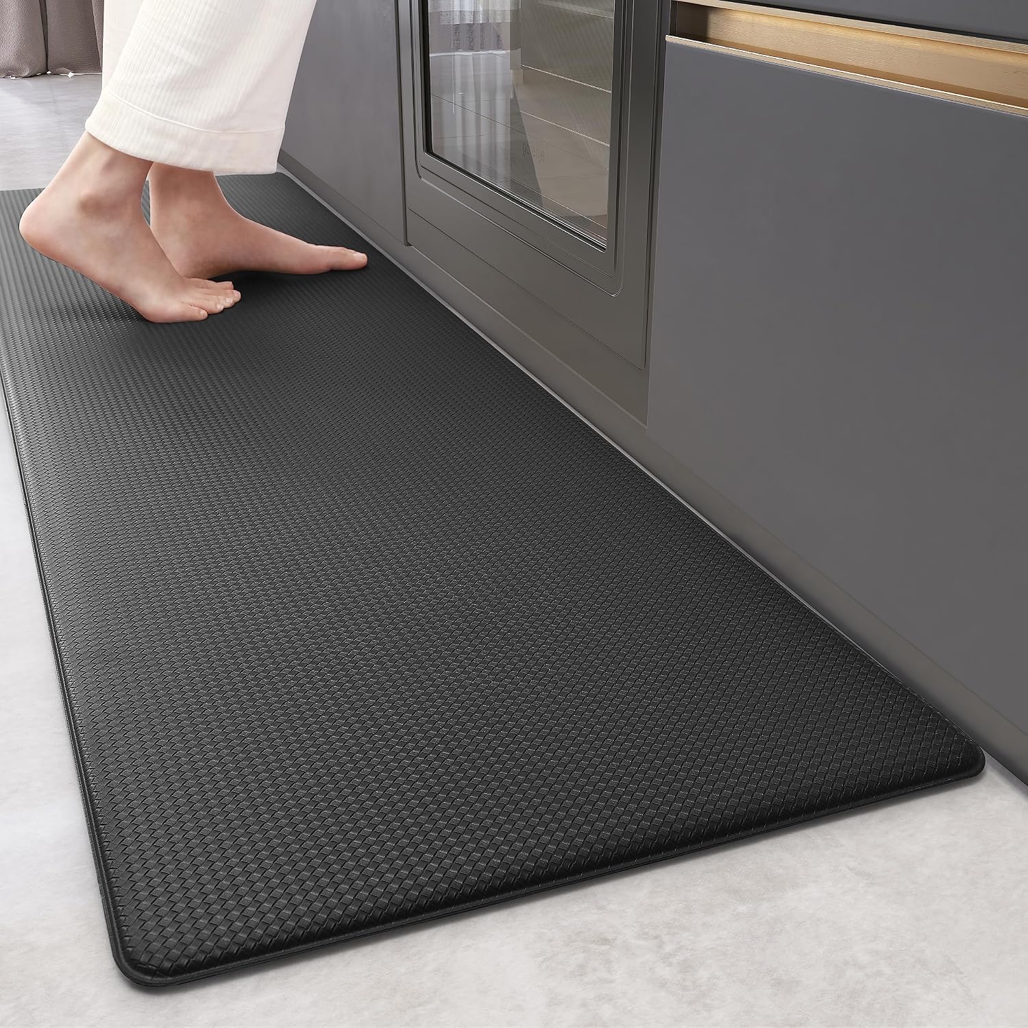 Color G 2 Piece Kitchen Mats Rug Set, Anti Fatigue Standing Mat Area Rugs Waterproof Leather, Non-slip, Oil Resistant Floor Mats for Kitchen, Office (44 x 75 cm + 44 x 150 cm, Black)
