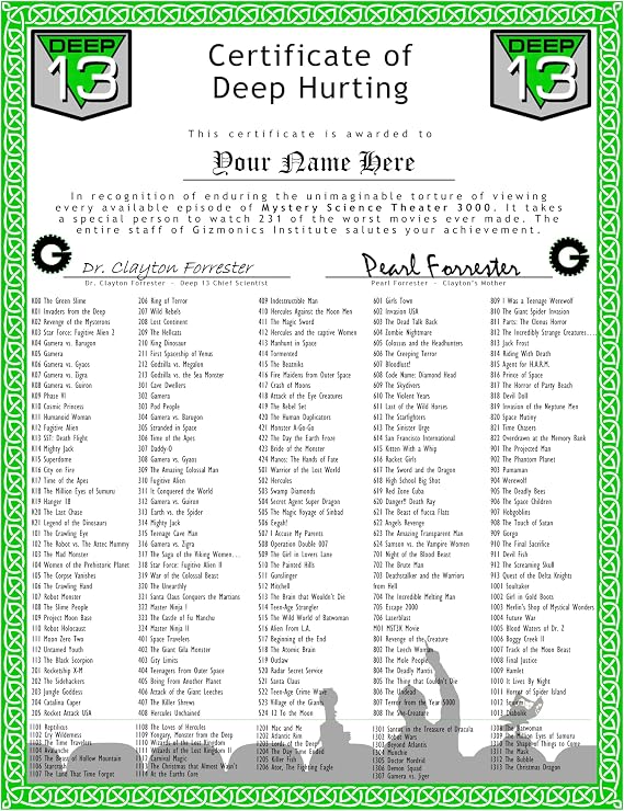 Certificate of Deep Hurting MST3K