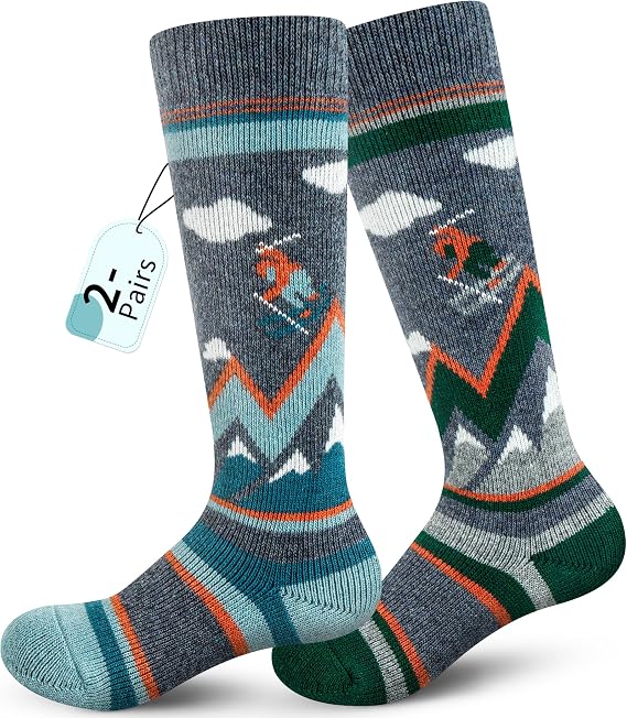 unenow Merino Wool Ski Socks Kids 2 Pairs, Winter Warm Snowboarding Thermal Socks for Boys Girls Toddlers