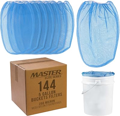 Master Elite 5 Gallon Paint & Liquid Strainer Filter Bag with Pure Blue Fine Nylon Mesh, Pack of 144 - Used in 5 Gallon Buckets, Disposable Filtering Bag, Elastic Top Opening - Hydroponics, Gardening