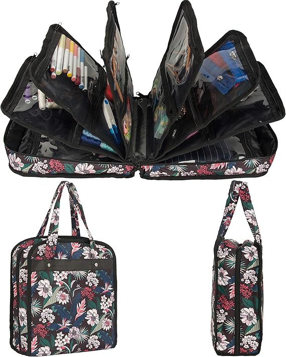 PACMAXI Sewing Accessories Storage Bag, Knitting, Craft Tools And Accessories Organizer, Roomy Carrying Bag for Sewing Tools And Accessories (Flower with Black Background)