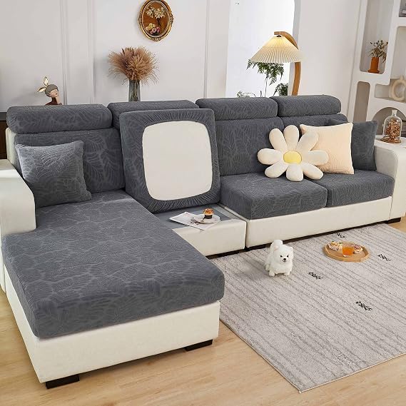 ShowyLive 2025 New Wear-Resistant Universal Sofa Cover, Stretch Couch Cushion Slipcovers Replacement, Anti-Slip L Shape Sofa Covers, Chaise Lounge Sofa Slipcover (Leaves Grey,Large Triple Seat Cover)