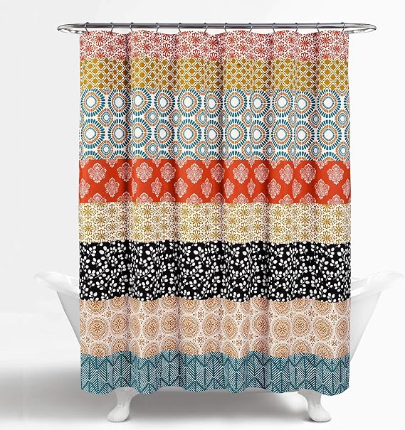 Lush Decor Bohemian Stripe Shower Curtain 72" W x 72" L Turquoise & Orange - Bathroom Curtain - Striped Shower Curtain - Boho Decor - Fabric Shower Curtains