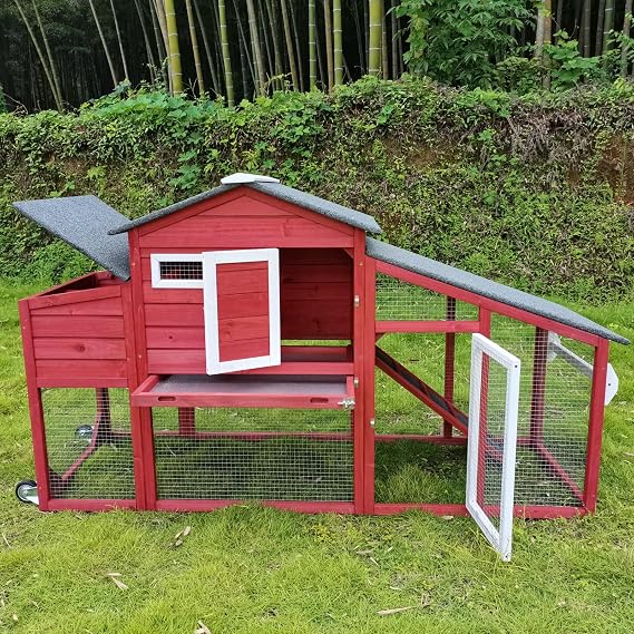 PetsCosset Mobile Chicken Coop and Run with Wheels, 2Story Hen House, Red