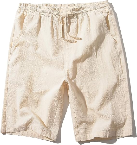 SIR7 Men's Linen Casual Classic Fit 11 Inch Inseam Elastic Waist Shorts with Drawstring