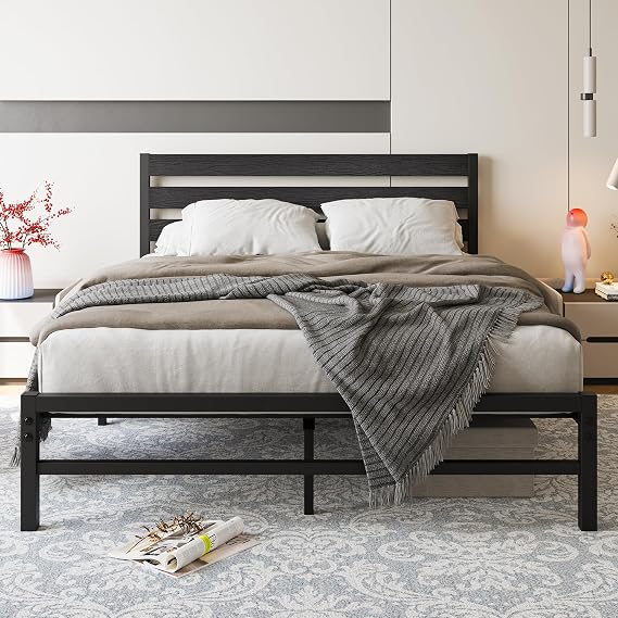 Queen Size Platform Bed Frame with Wooden Headboard, Under Bed Storage, Non-Slip, Noise Free, Easy Assembly, Black Prime