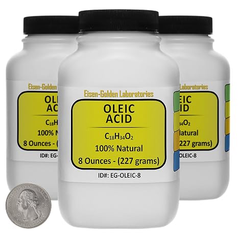 Oleic Acid [C18H34O2] 100% Pure GP Grade Liquid in 24 Oz in Three Space-Saver Bottles