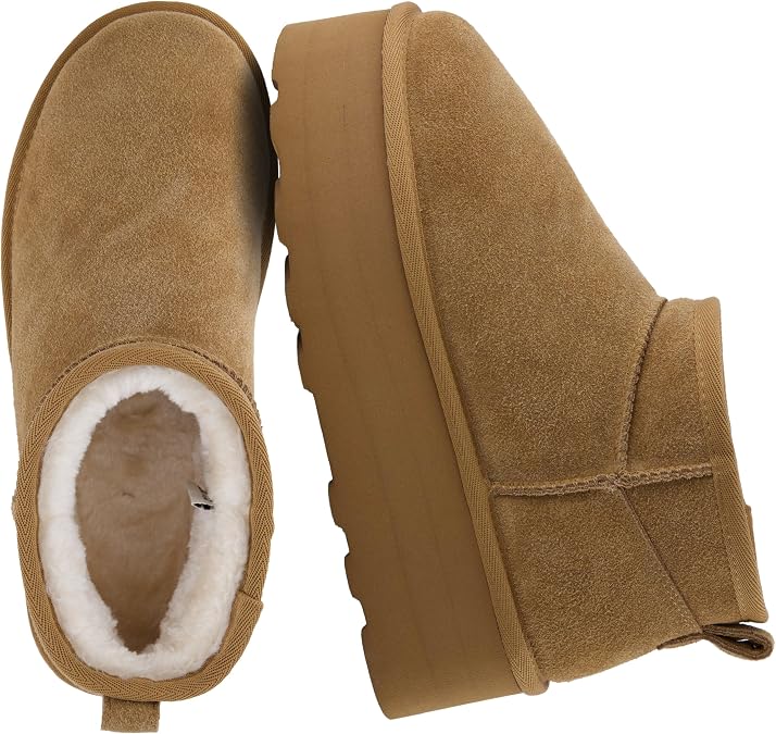 CUSHIONAIRE Hippy Womens Platform Ankle Boots Genuine Suede, Faux Fur Lining, Cozy Winter Slip-On Design, Comfortable Footwear with Wide Widths Available