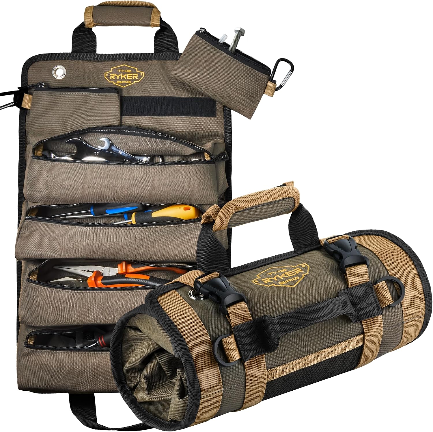 The Ryker Bag Tool Organizers - Small Tool Bag WDetachable Pouches, Heavy Duty Roll Up Tool Bag Organizer : 6 Tool Pouches - Tool Roll Organizer Gifts for Dad KhakiBlack