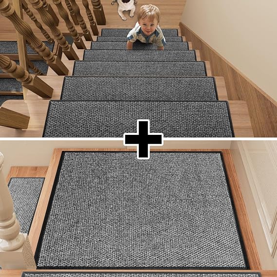 Stair Treads Carpet 7+1 pcs for Wooden Steps with Non Slip Rubber Backing, 100% Polyester Soft Stairs Resistant Indoor Skid Runner Safety Rugs for Kids Elders and Pets