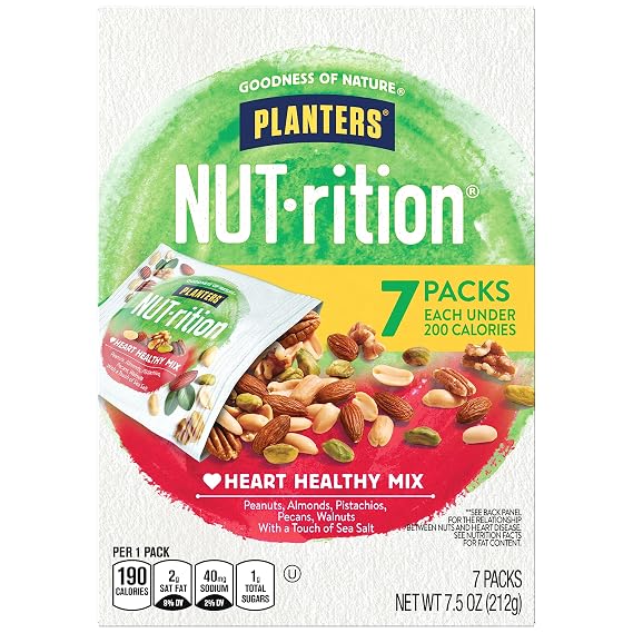 PLANTERS NUT-rition Heart Healthy Mix with Walnuts, 7.5 oz Box (Contains 7 Individual Pouches) - On-the-Go/ Work/School Snack and Active Lifestyle Snack - Great Camping Snacks - Kosher | Mixed Nuts Snack Packs: Peanuts, Almonds, Pistachios, Pecans, Walnuts. Snacks for Adults. Healthy Snacks
