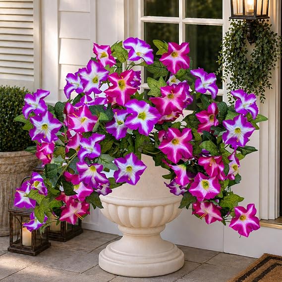 AXYLEX Artificial Petunias Outdoor, 2PCS Faux Hanging Flowers (Fuchsia) | UV resistant silk petunias, no fade cascading flowers hanging basket, planter, porch, balcony & garden decor