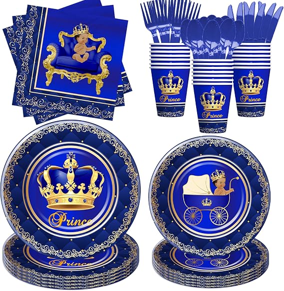 Royal Prince Baby Shower Decorations Party Tableware Boy, Serves 24 | Disposable Blue Gold Little Prince Baby Boy Decorations Supplies, Paper Plate, Napkin, Cup, Cutlery