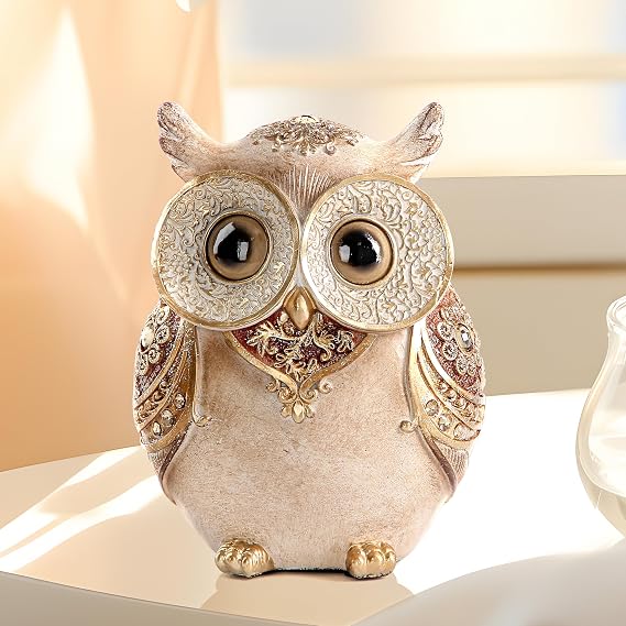 Smadeer Owl Ornaments for the Home Decor, Antique Brown & Gold Big Eye Owl Statue, Modern Bird Figurines for Living Room Shelf Mantelpiece Office, Unique Owl Gifts for Women Mum Bird Lovers - 13.9cm